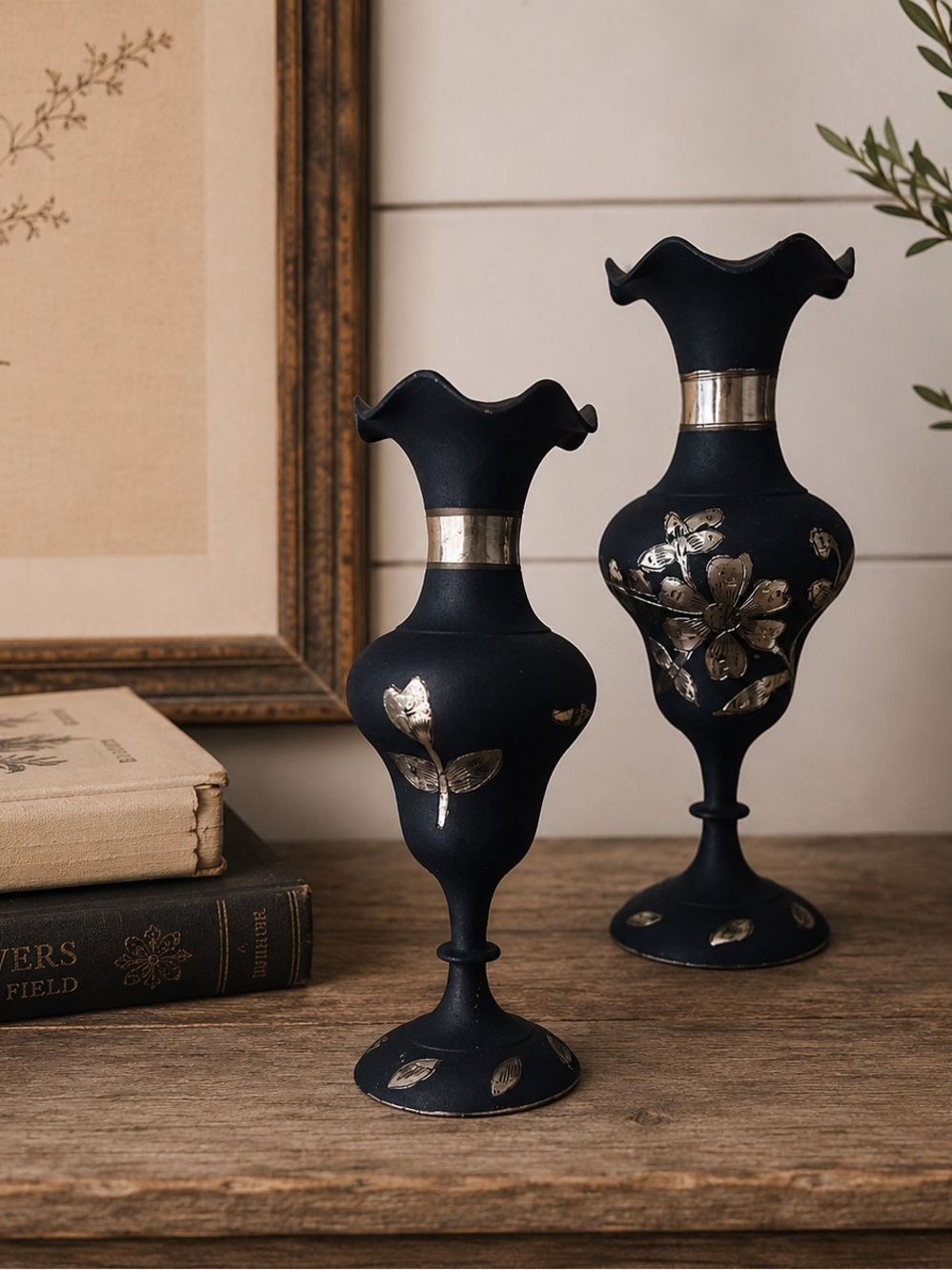 Vintage Back Metal Vases with Ruffled Top Edging and Silver Inlay